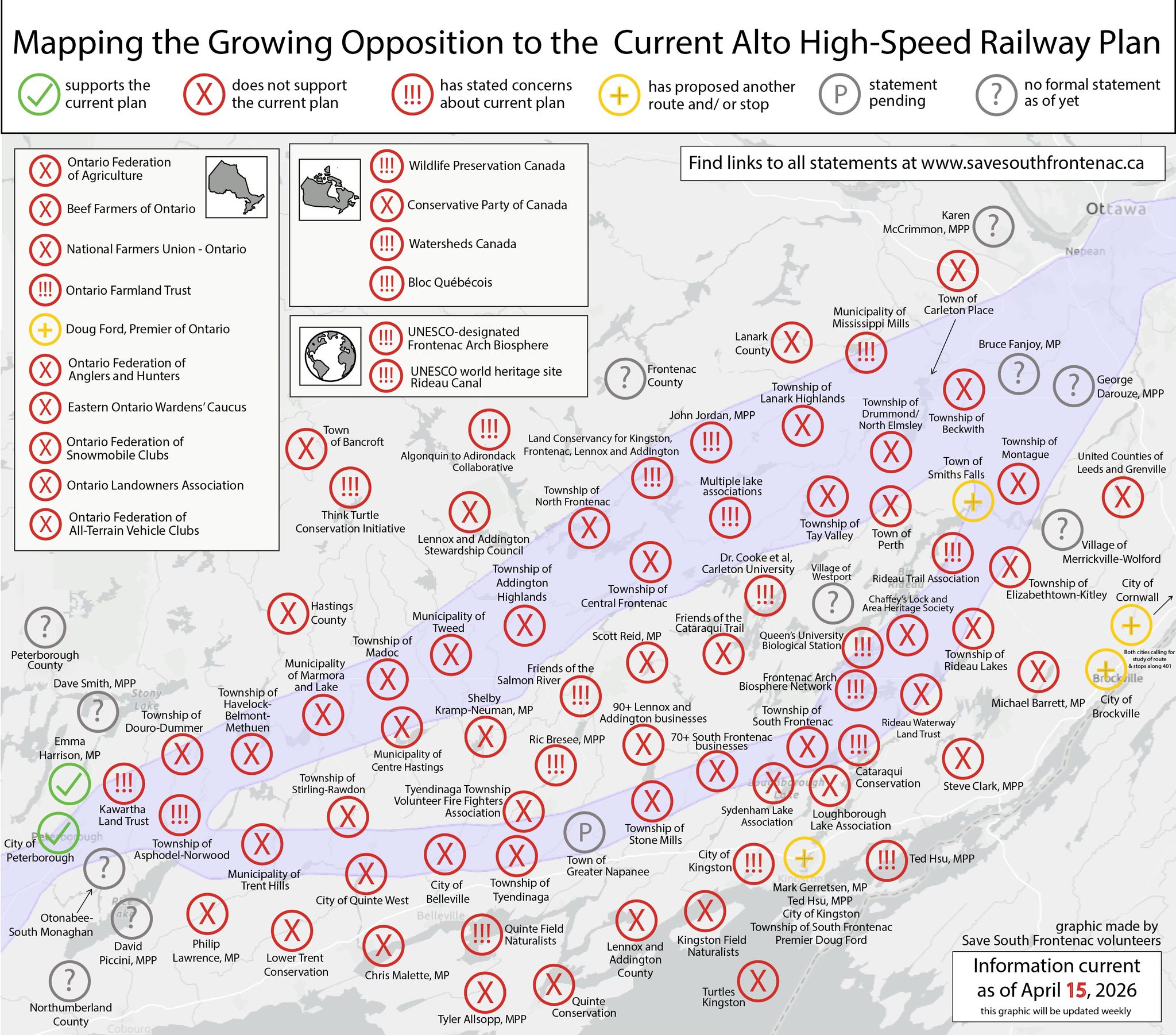 Map of Eastern Ontario showing municipalities, counties, conservation organizations, farming associations, and elected officials that have formally opposed or raised concerns about the current ALTO High-Speed Rail plan, as of April 15, 2026.