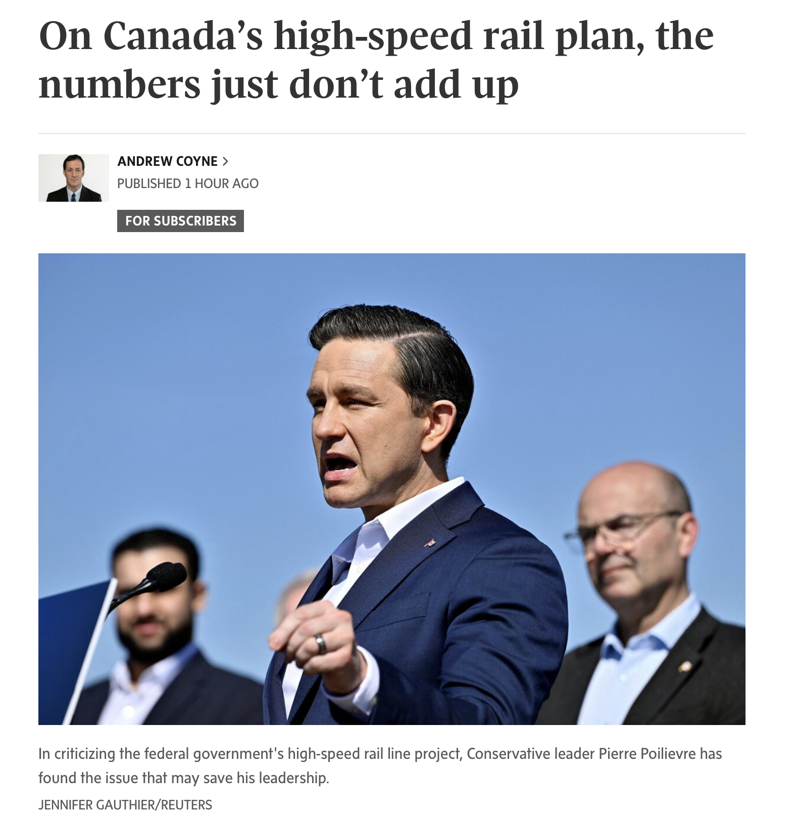 Andrew Coyne, Globe and Mail, April 10 2026 — On Canada's high-speed rail plan, the numbers just don't add up