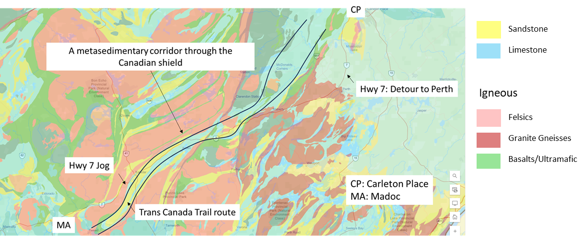 Geological map of the southern ALTO corridor through the Canadian Shield, showing sandstone, limestone, and igneous formations including felsics, granite gneisses, and basalts/ultramafics. The corridor traverses a metasedimentary corridor, with Highway 7 detour at Perth, Hwy 7 jog, and the Trans Canada Trail route from Carleton Place (CP) to Madoc (MA).