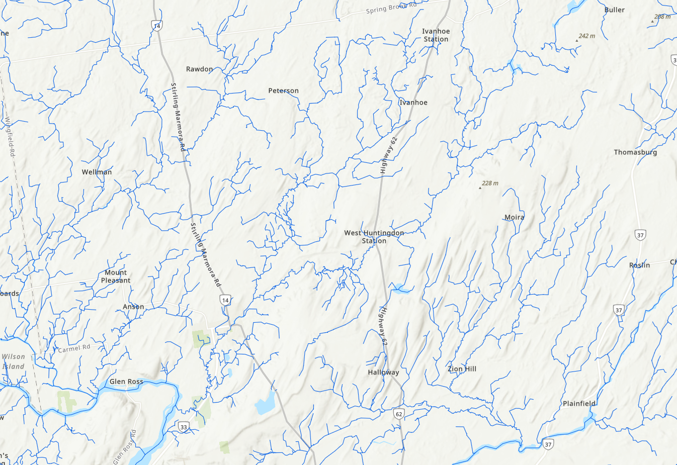 Hydrological map of the Moira River catchment showing dense blue drainage network through Rawdon, Peterson, Ivanhoe, West Huntingdon Station, and Plainfield.