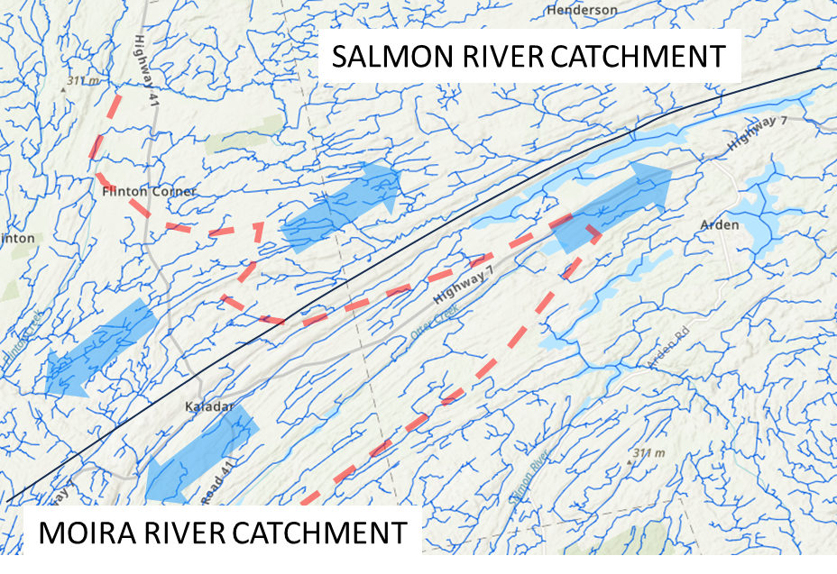Hydrological map of the Salmon River catchment showing the corridor crossing blue wetland polygons and the Highway 7 jog near Flinton Corner.