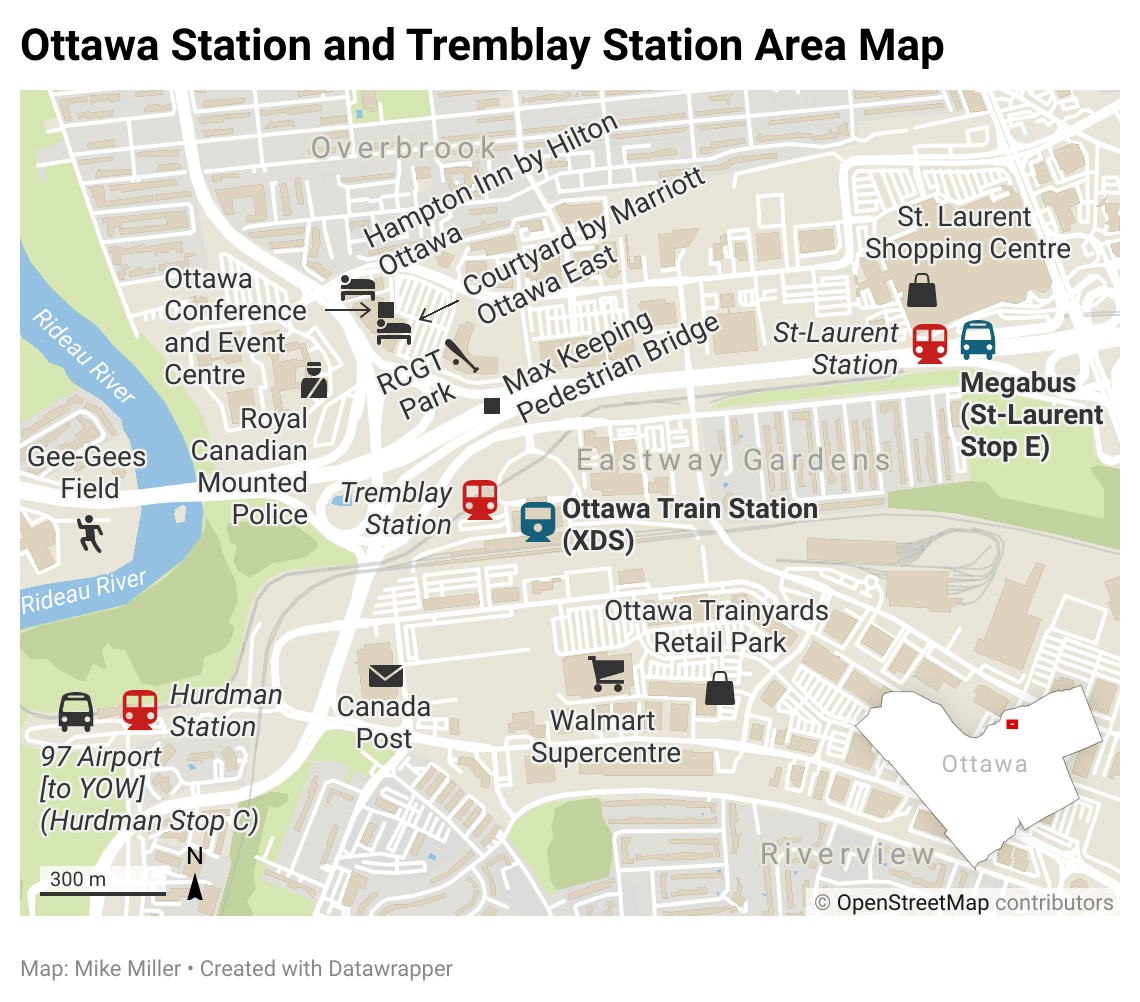 Map of the Ottawa and Tremblay station area showing the Eastway Gardens neighbourhood east of the existing stations