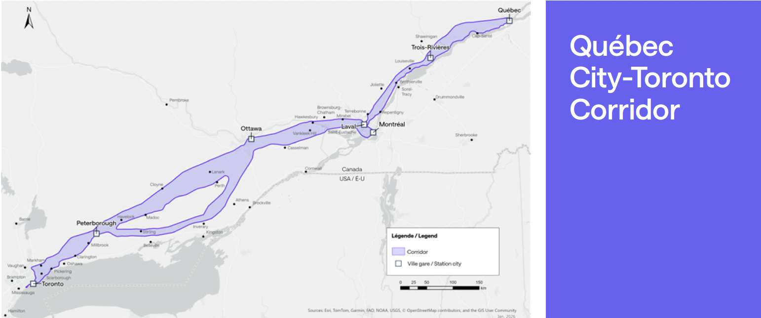 Map of the projected Toronto to Quebec City corridor showing the route meandering north and south between cities rather than following a direct line