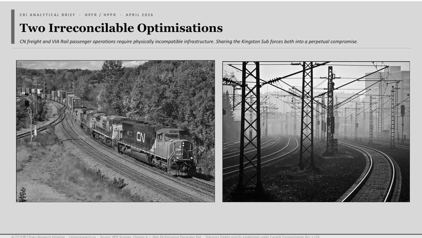 Left, a CN intermodal freight train on a North American shared corridor; right, dedicated electrified passenger infrastructure