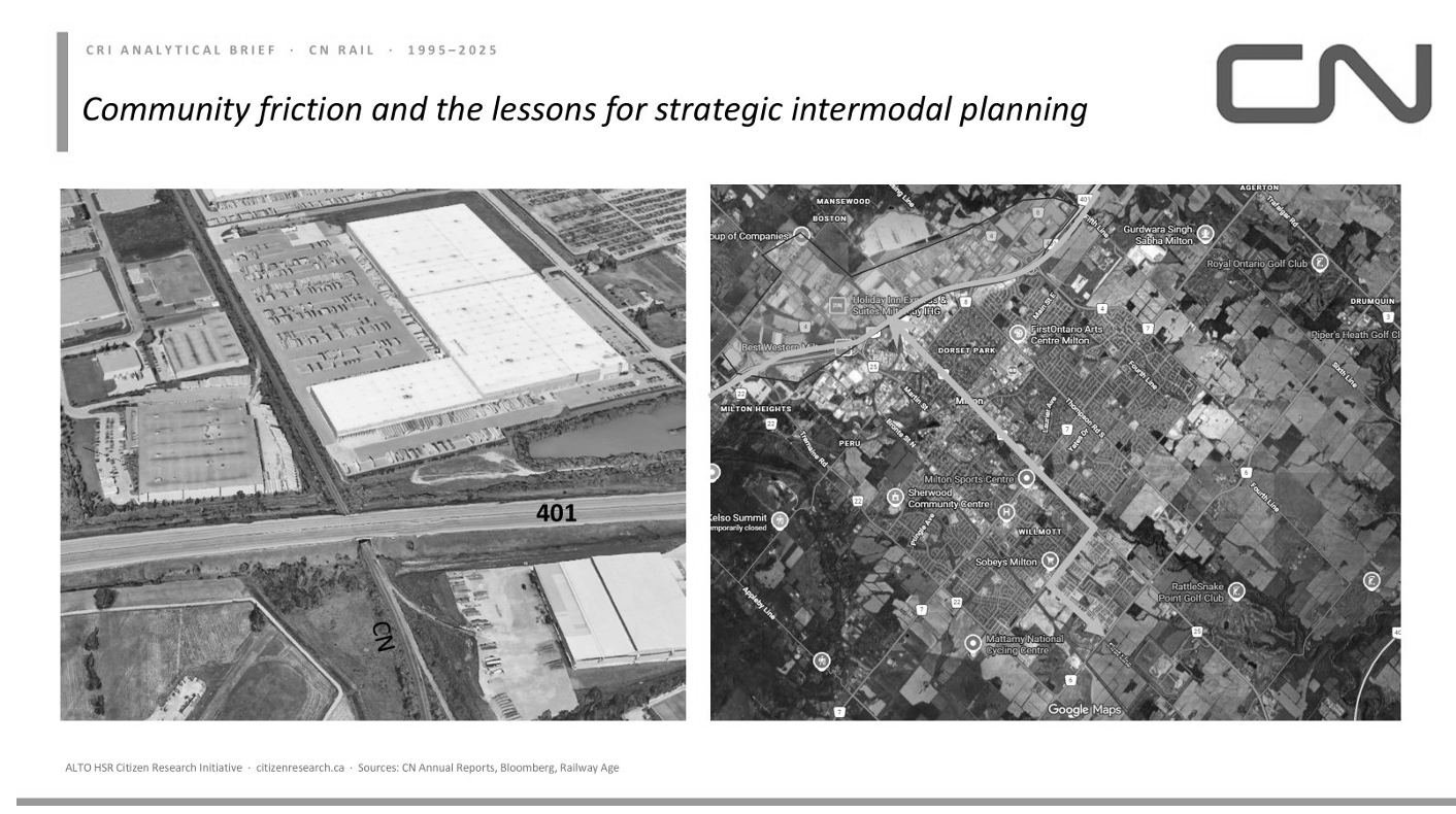 Left, warehouse and distribution development beside the CN line and Highway 401 at Milton; right, the Milton Logistics Hub site relative to the built-up town