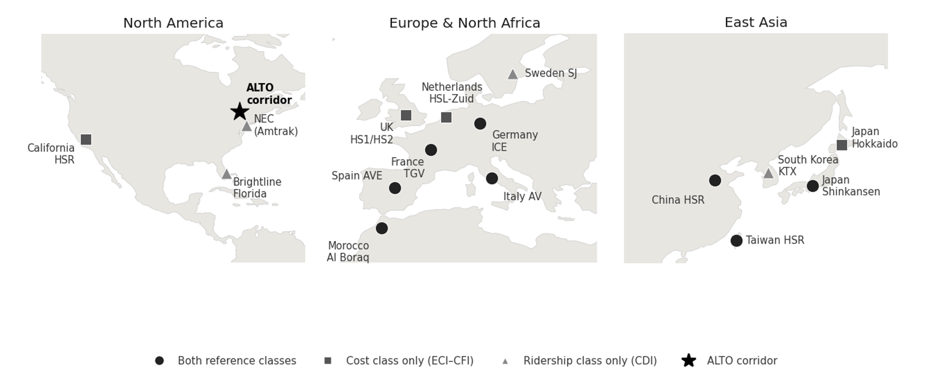 World map showing the countries whose rail systems were used for comparison in this report's cost and ridership models, spanning Europe, East Asia, North Africa, and North America, with the ALTO corridor marked for reference